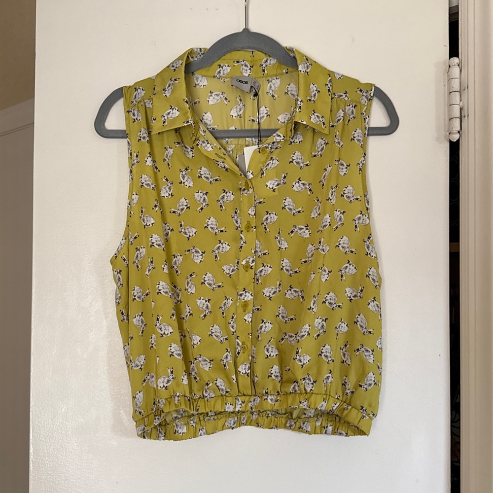ASOS Sleeveless Collared Blouse in Chartreuse and Bunny Print | NWT | US 10